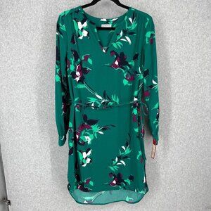 Merona Long Sleeve Floral Shift Dress Size S Green Purple Tie Waist Tassel NEW